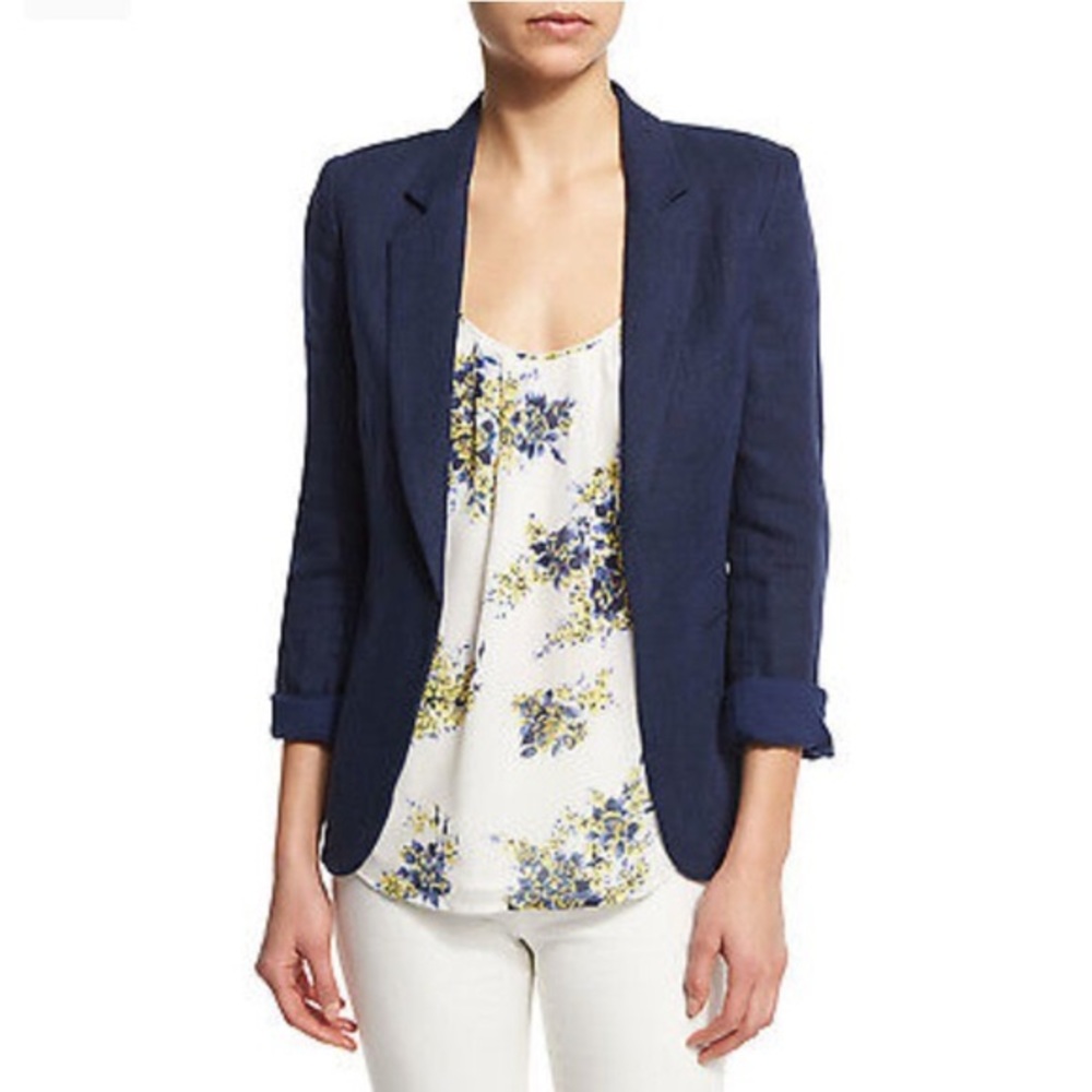 Joie Mehira Linen Notch-Collar Blazer Dark Navy